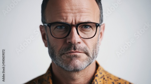 Close-up shot of a middle-aged man in a tech startup setting, wearing smart casual attire, focused and serious, against a white background.