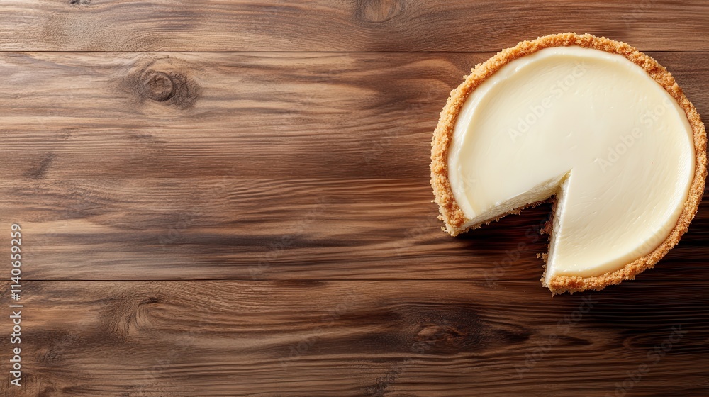 A creamy, luscious cheesecake sits elegantly on a wooden surface with one slice removed, inviting indulgence and savoring the perfect dessert. A creamy, luscious cheesecake sits elegantly on a wooden surface with one slice removed, inviting indulgence and savoring the perfect dessert.