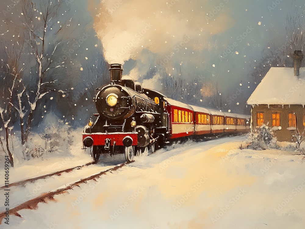 Steam train in snowy landscape approaching station Steam train in snowy landscape approaching station