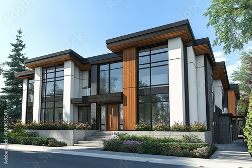 3D rendering of two-storey townhouses with a modern exterior design in Vancouver photo