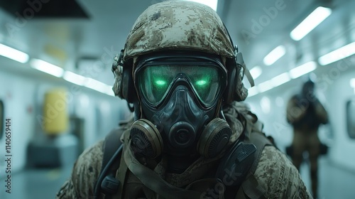 A soldier clad in a gas mask with glowing green lenses looks ahead confidently, embodying strength and resilience in a stark, dimly lit environment.