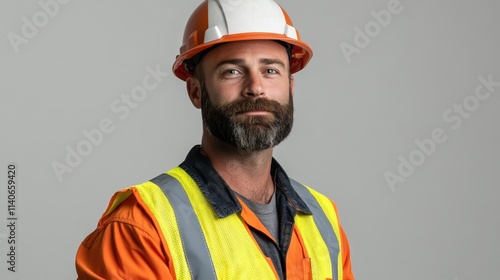 onfident 40-year-old man with a beard in a construction worker uniform, wearing a hard hat, standing against a plain white background. photo