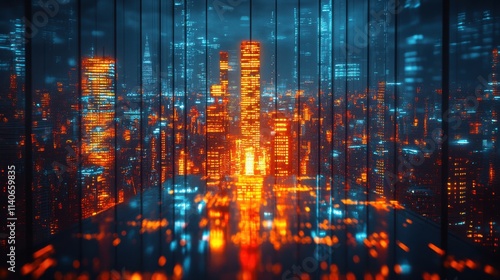 Futuristic cityscape with vibrant blue and orange lights. photo