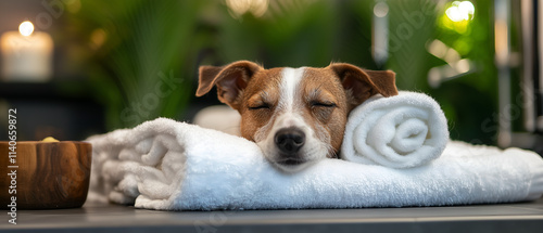 dog in spa shoot; cute, calm, relaxing beagle type doggy sleeping on the pillow in wellness center; funny, creative way for pet friendly salon advertising photo