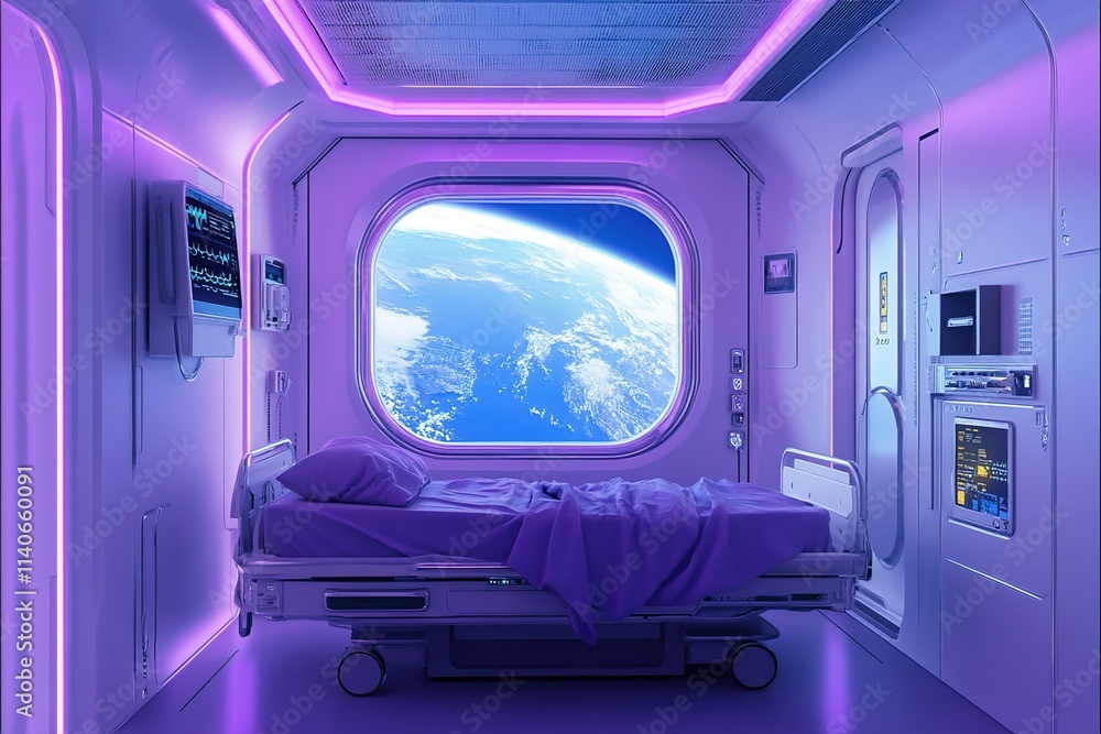 Futuristic space hotel room with purple neon lights and a window Futuristic space hotel room with purple neon lights and a window