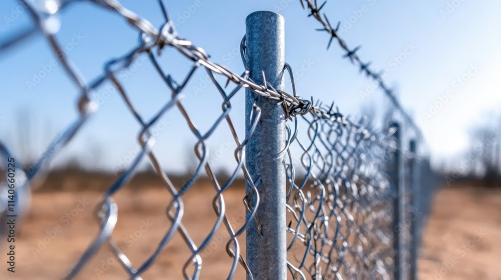 A close-up of a barbed wire fence under a clear blue sky captures the essence of containment and freedom, with metallic textures reflecting sunlight vividly. A close-up of a barbed wire fence under a clear blue sky captures the essence of containment and freedom, with metallic textures reflecting sunlight vividly.