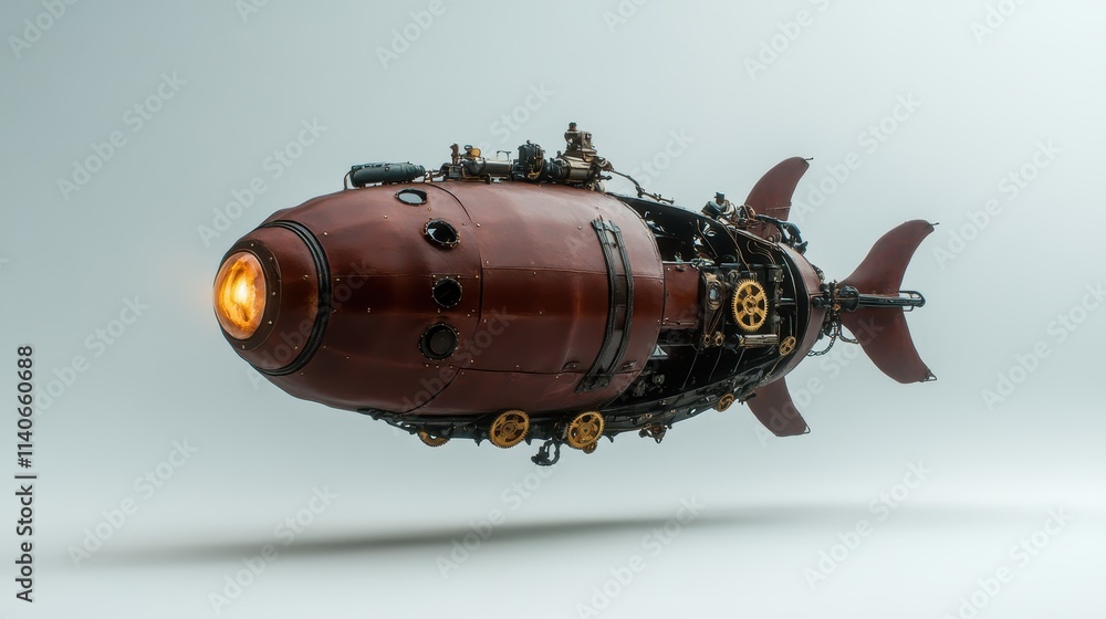 This artistic image depicts a steampunk-inspired submarine-like metal vehicle, featuring intricate gears and rivets, showcasing a blend of retro and futuristic design styles. This artistic image depicts a steampunk-inspired submarine-like metal vehicle, featuring intricate gears and rivets, showcasing a blend of retro and futuristic design styles.