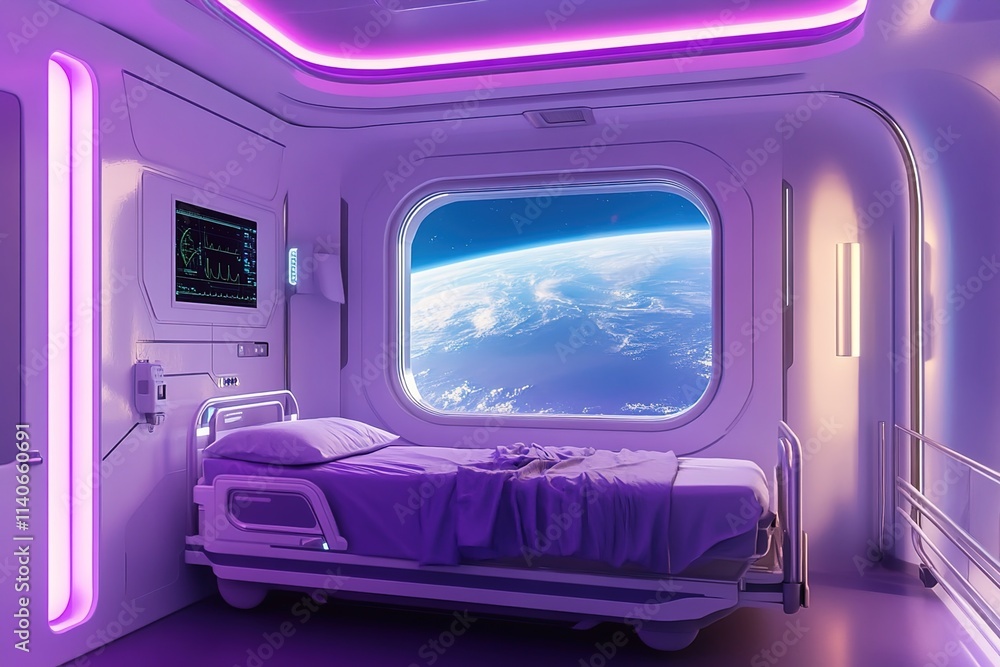 Futuristic space hotel room with purple neon lights and a window Futuristic space hotel room with purple neon lights and a window