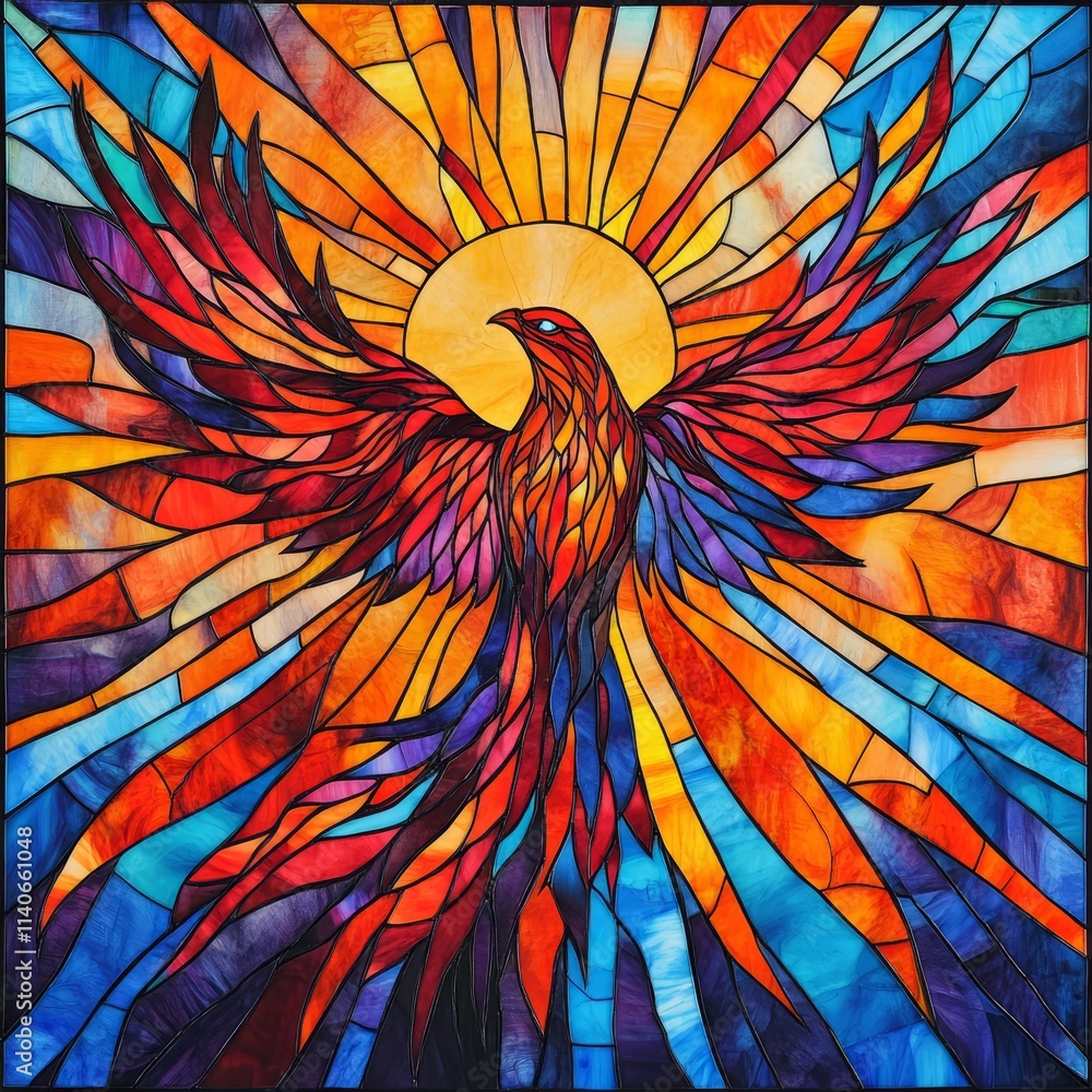 Obraz premium Stained glass phoenix rising with sun backdrop