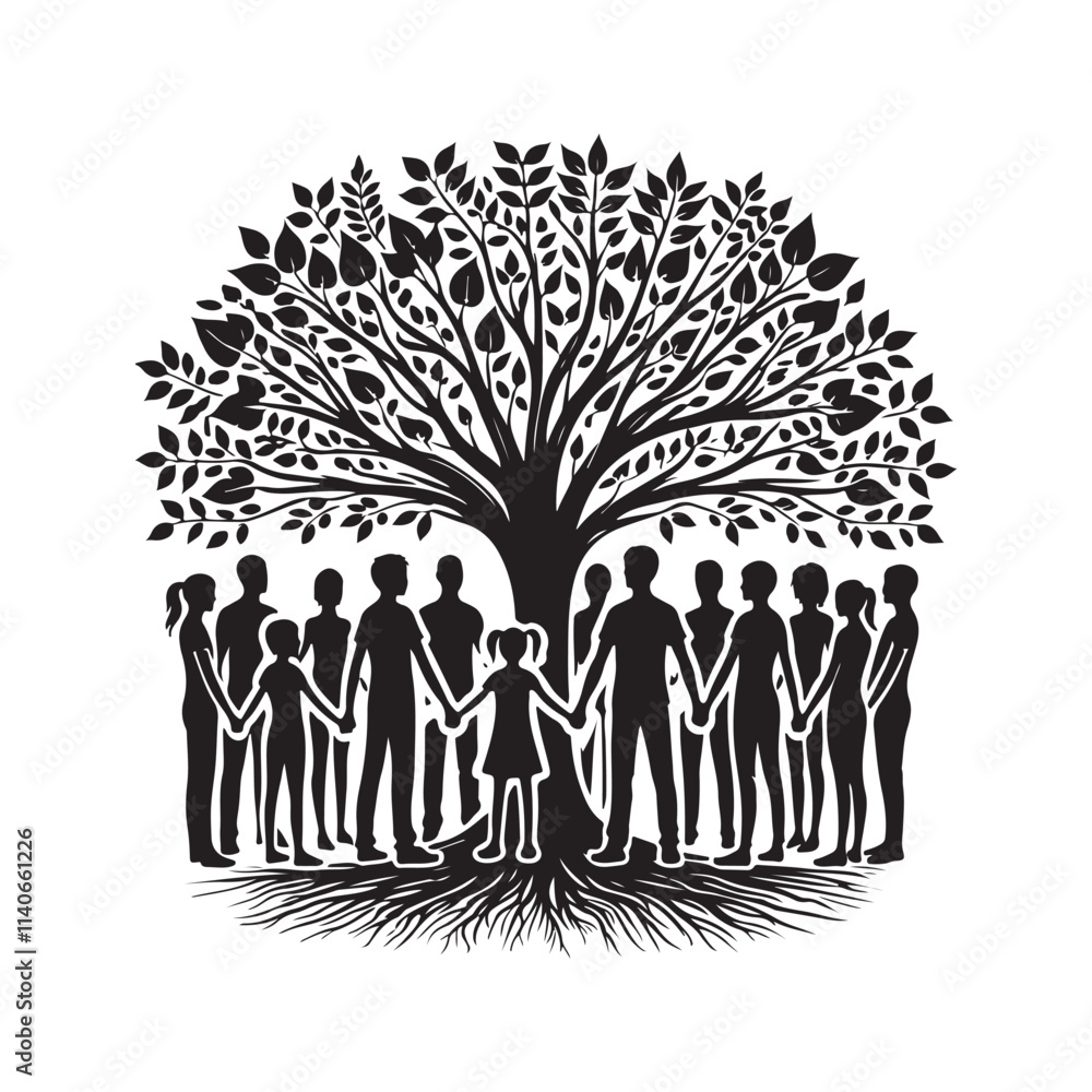 Group of People Holding Hands Around a Tree Silhouette Vector Illustration, Solid White Background. Group of People Holding Hands Around a Tree Silhouette Vector Illustration, Solid White Background.