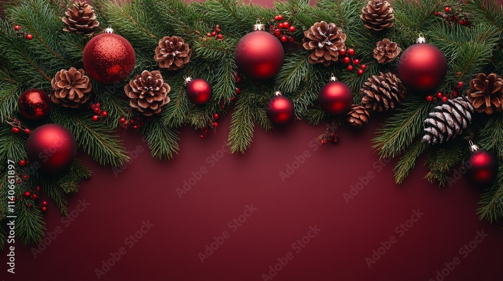 Fototapeta premium Christmas border made of fir branches, red baubles and pine cones on red background