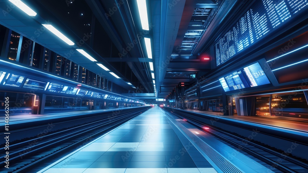 A modern high-speed train station with sleek platforms, digital displays, and glowing LED lights illuminating the area A modern high-speed train station with sleek platforms, digital displays, and glowing LED lights illuminating the area