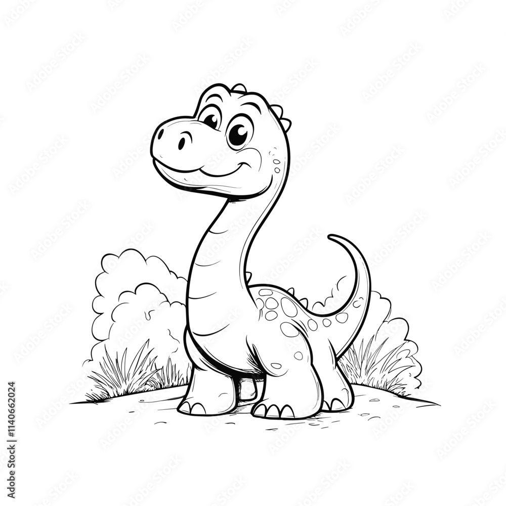 Obraz premium Cute cartoon dinosaur standing in a garden with bushes, smiling happily and inviting children to color and explore