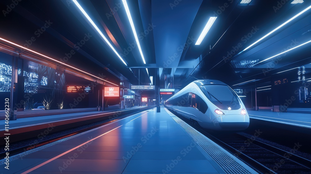 A modern high-speed train station with sleek platforms, digital displays, and glowing LED lights illuminating the area A modern high-speed train station with sleek platforms, digital displays, and glowing LED lights illuminating the area