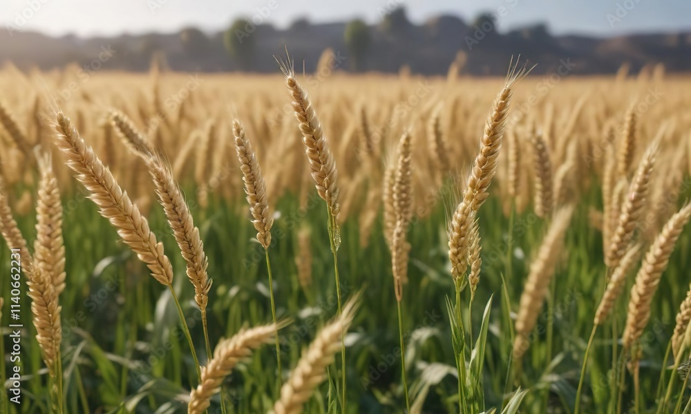 Row upon row of wheat plants swaying gently in the breeze, sunset, trees in background Row upon row of wheat plants swaying gently in the breeze, sunset, trees in background