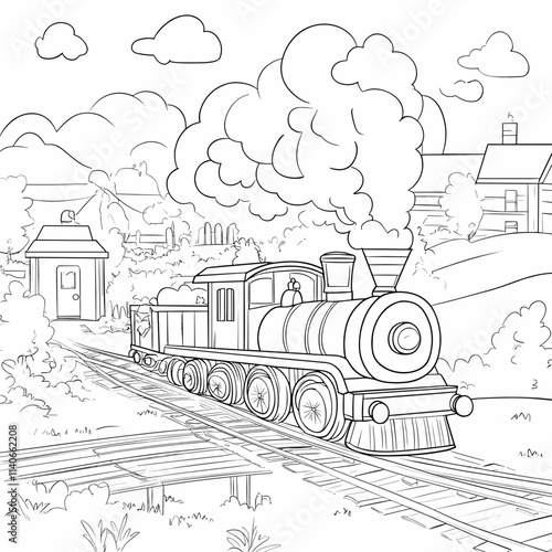 Wallpaper Mural Kids enjoy a colorful train adventure through a vibrant countryside landscape with fluffy clouds and gentle hills Torontodigital.ca