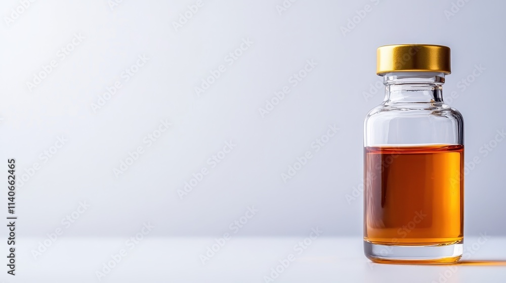 A stylish clear bottle topped with a lustrous gold cap, containing amber liquid, suggests an air of sophistication and modern elegance on a pristine background. A stylish clear bottle topped with a lustrous gold cap, containing amber liquid, suggests an air of sophistication and modern elegance on a pristine background.