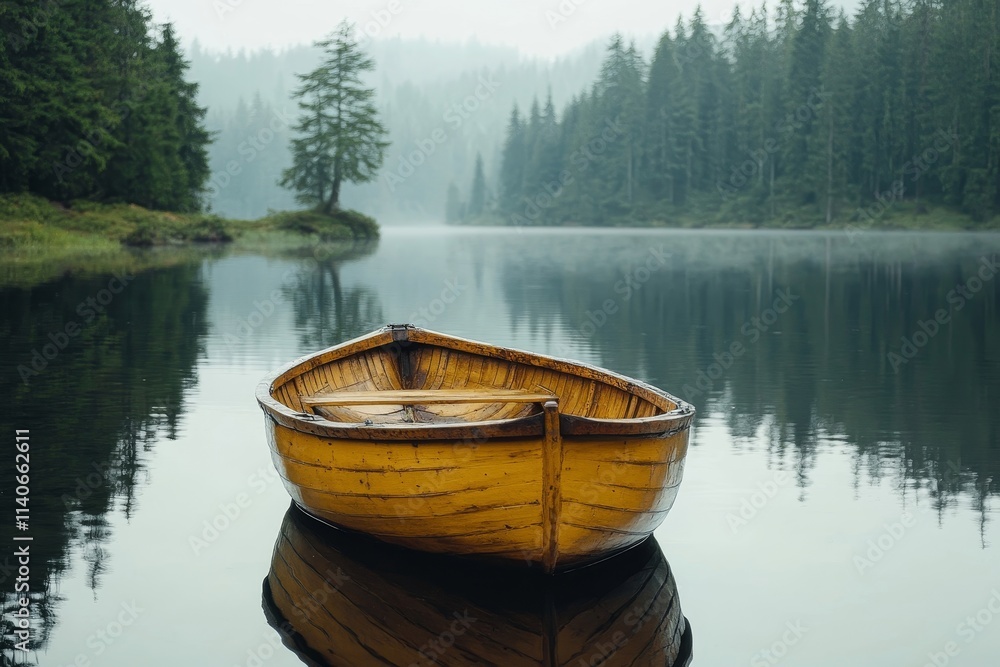 Old wooden boat floating on calm lake, reflection of trees in water, peaceful morning scene, Generative AI Old wooden boat floating on calm lake, reflection of trees in water, peaceful morning scene, Generative AI