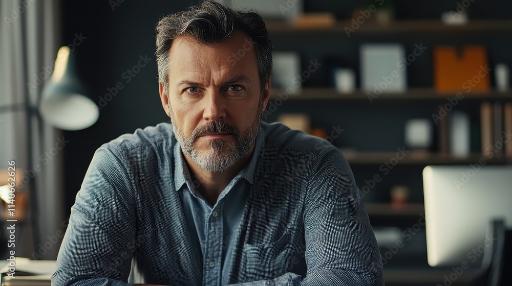 Middle-aged man in a creative director office, dressed in casual business attire, with a thoughtful expression, looking directly at the camera. Middle-aged man in a creative director office, dressed in casual business attire, with a thoughtful expression, looking directly at the camera.