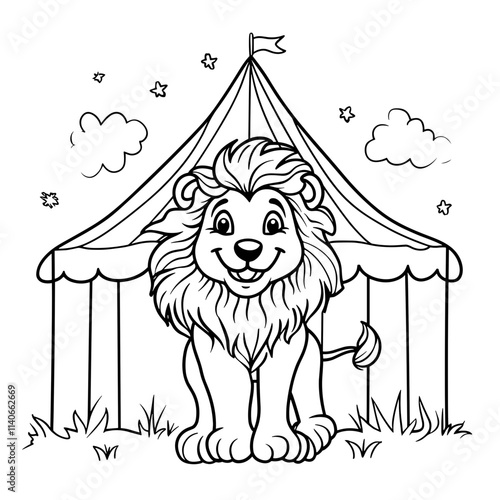Colorful circus lion standing proudly outside a big top tent during a lively children's coloring activity