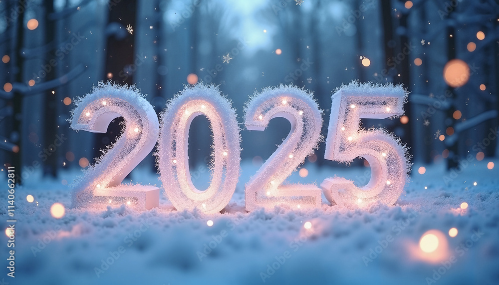 Magical winter 2025 celebration with frosty numbers in snowy forest Magical winter 2025 celebration with frosty numbers in snowy forest