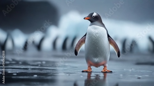 Gentoo penguin walking on wet beach in antarctica