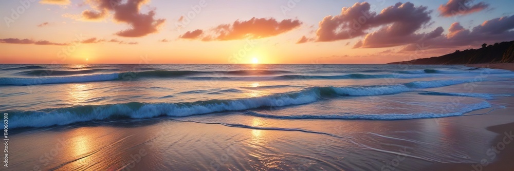 Serene beach at sunset with calm sea and few waves in blue ocean, shore, water