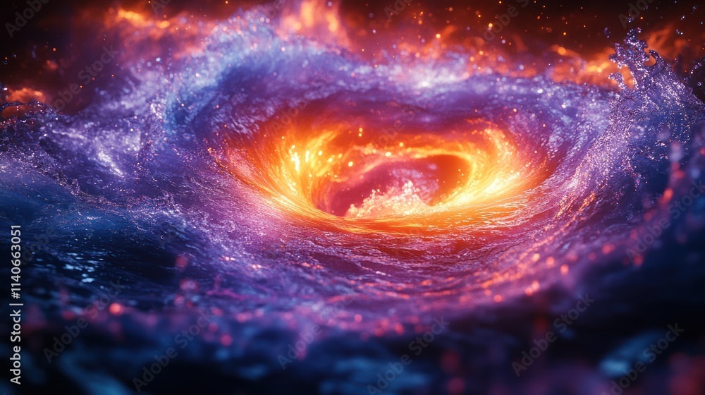 Obraz premium Fiery vortex swirling in dark blue water, abstract digital art.