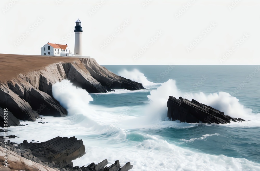 Waves crashing on rocky coast beneath lighthouse. Waves crashing on rocky coast beneath lighthouse.