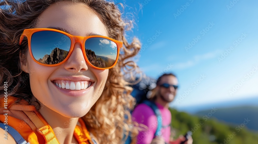 A cheerful pair of hikers pose happily in the sunlit mountains wearing vibrant sunglasses and backpacks, capturing the essence of exploration and exhilaration. A cheerful pair of hikers pose happily in the sunlit mountains wearing vibrant sunglasses and backpacks, capturing the essence of exploration and exhilaration.