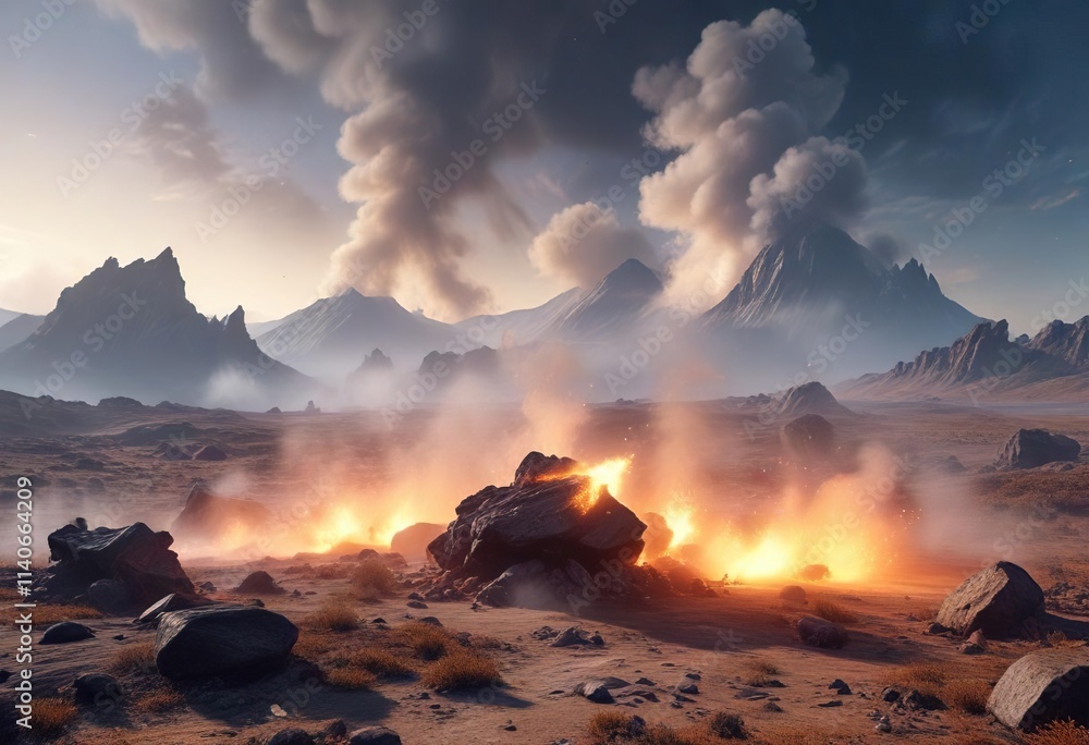 Fototapeta premium Smoke and mist swirling around objects in a desolate landscape, atmosphere, desolate, mist