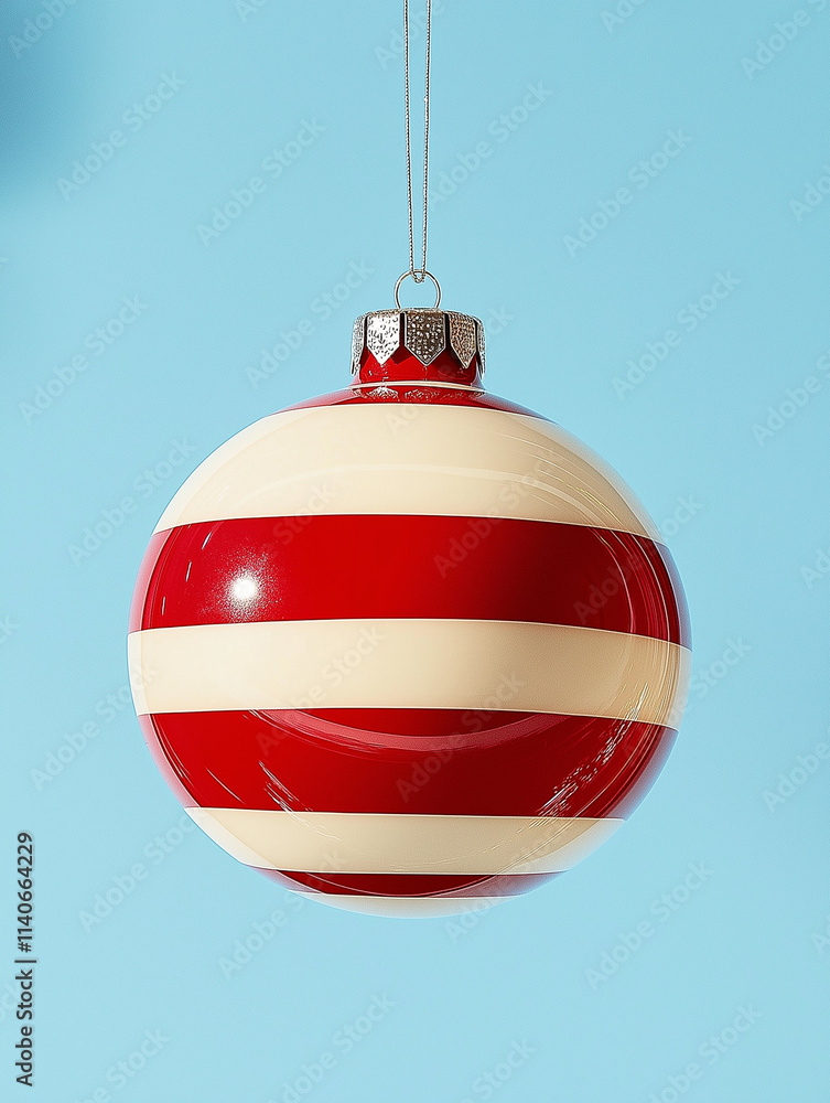 A red and cream striped Christmas ornament hanging against a clear blue background. Simple festive decoration with classic charm. A red and cream striped Christmas ornament hanging against a clear blue background. Simple festive decoration with classic charm.