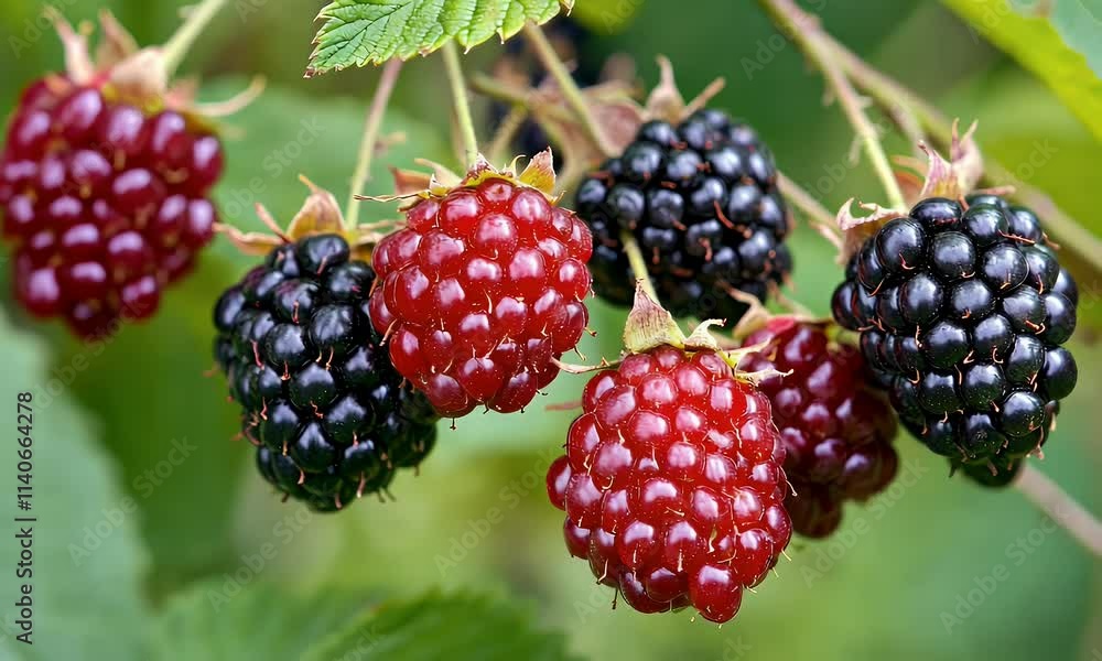 A cluster of ripe blackberries and red berries on a plant, showcasing their natural beauty. A cluster of ripe blackberries and red berries on a plant, showcasing their natural beauty.