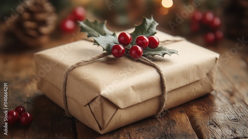 A gift wrapped in brown paper and tied with twine, decorated with a sprig of holly. photo