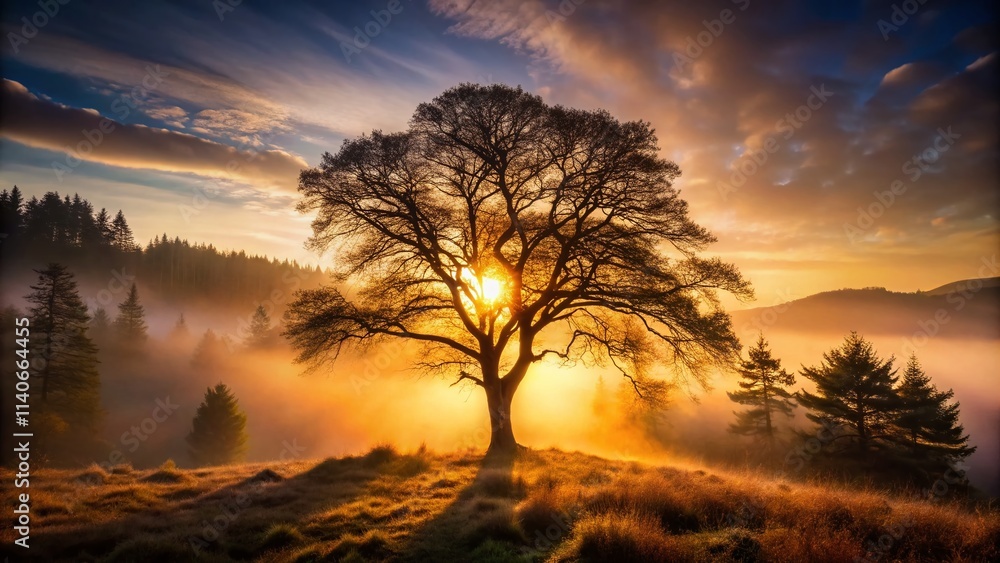 Fototapeta premium Scotland Forest Silhouette Photography: Majestic Trees, Dramatic Lighting, Mystical Atmosphere