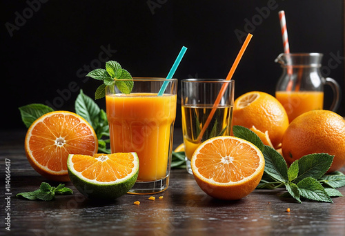 A glass of orange juice with oranges lying on the table