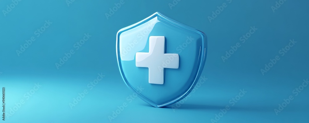 Obraz premium Blue shield protecting white cross symbolizing healthcare on blue background