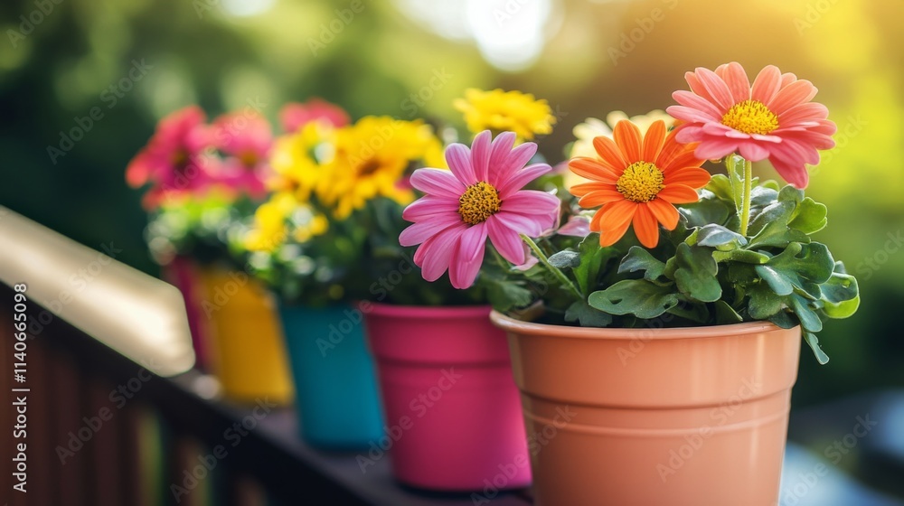 Colorful Flower Pots with Vibrant Blooms on Sunny Day Outdoors Colorful Flower Pots with Vibrant Blooms on Sunny Day Outdoors
