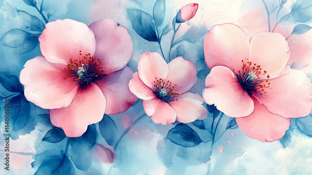 Vibrant pink and blue watercolor blossoms scattered with gentle brushstrokes and fading edges Vibrant pink and blue watercolor blossoms scattered with gentle brushstrokes and fading edges