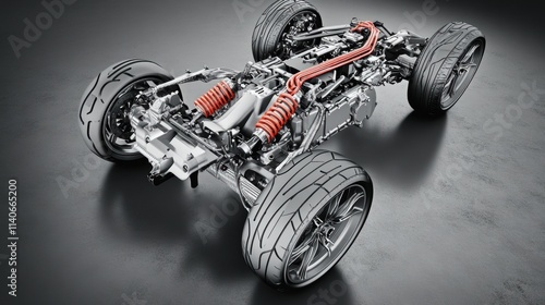 Detailed motorcycle chassis structure showcasing the exposed frame, rear swingarm, front forks, and mechanical components. Precise engineering highlights motor support, battery pack, and suspension 