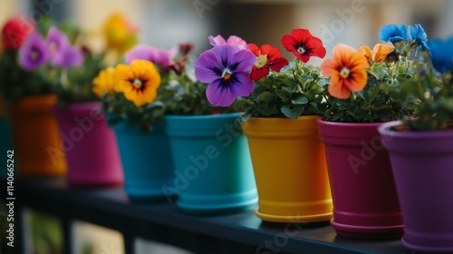 Wallpaper Mural Colorful Pansies in Vibrant Pots on a Bright Balcony Railing Torontodigital.ca