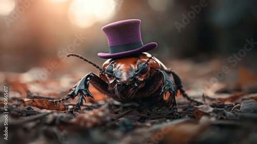 A striking image of a beetle wearing a stylish purple top hat, set against a natural background, representing eccentricity and style in the insect world.