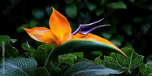 A vibrant orange and purple heliconia flower stands out against lush green foliage, showcasing its unique shape and striking colors in a tranquil, tropical setting. photo