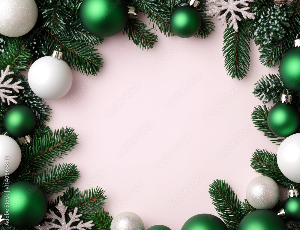 Christmas Frame with Green and White Balls, Snowflakes, and Copy Space Christmas Frame with Green and White Balls, Snowflakes, and Copy Space