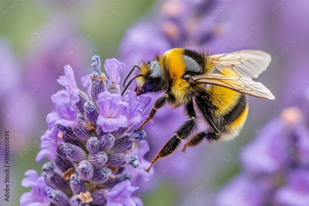 Bumblebee on lavender flower, closeup, pollination in summer garden, Generative AI Bumblebee on lavender flower, closeup, pollination in summer garden, Generative AI
