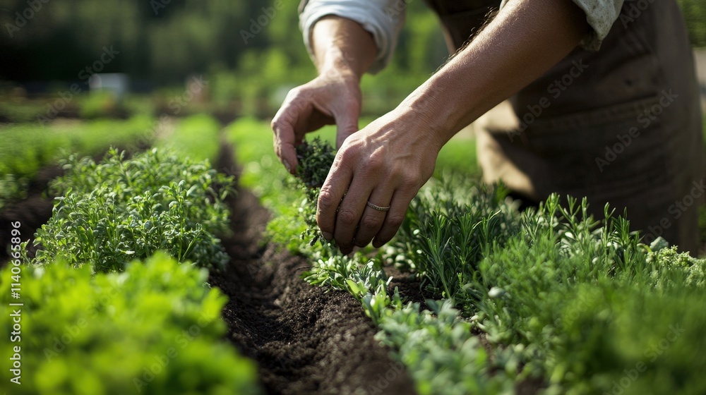 farmer carefully harvesting rows of organic herbs, ensuring their purity and freshness for natural health products farmer carefully harvesting rows of organic herbs, ensuring their purity and freshness for natural health products