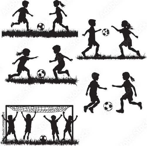 Silhouettes of Children playing Soccer