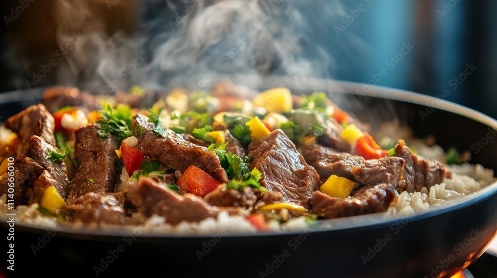 Freshly Cooked Beef Stir-fry with Colorful Vegetables and Rice Freshly Cooked Beef Stir-fry with Colorful Vegetables and Rice