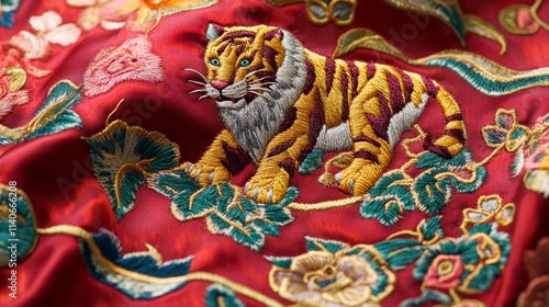 Intricate tiger embroidery art textile exhibit visual art cultural heritage close-up view traditional craftsmanship photo