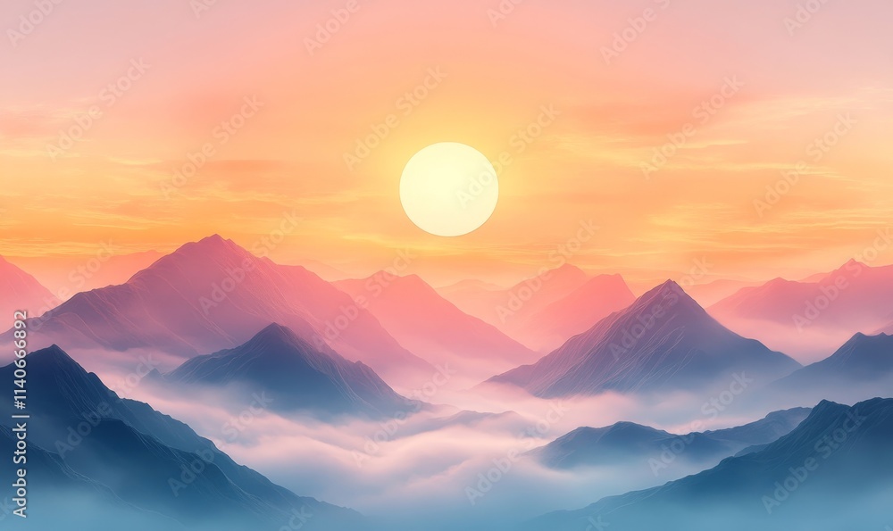 Sunrise over misty mountains, soft golden light, tranquil landscape, banner design, Generative AI Sunrise over misty mountains, soft golden light, tranquil landscape, banner design, Generative AI
